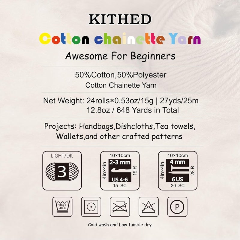 KITHED Cotton Yarn, 24pcs* 25m/27yard 15g/0.53oz,3-Iight/DK, 12.8oz/648yards in Toal Soft Yarn for Crocheting and Knitting (Multicolor 24 Skeins) - Image 2